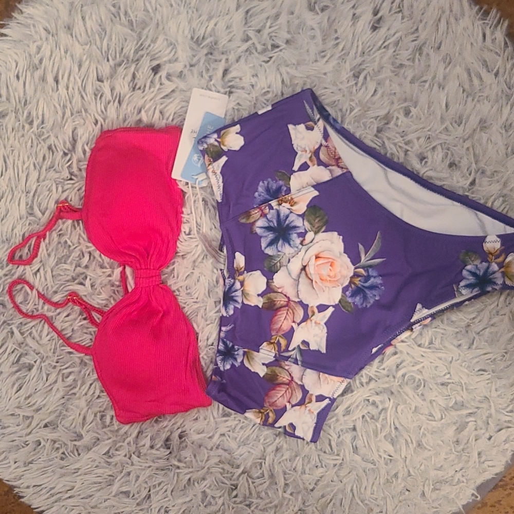 Cupshe Neon Pink Bikini and Floral High Waisted Bikini